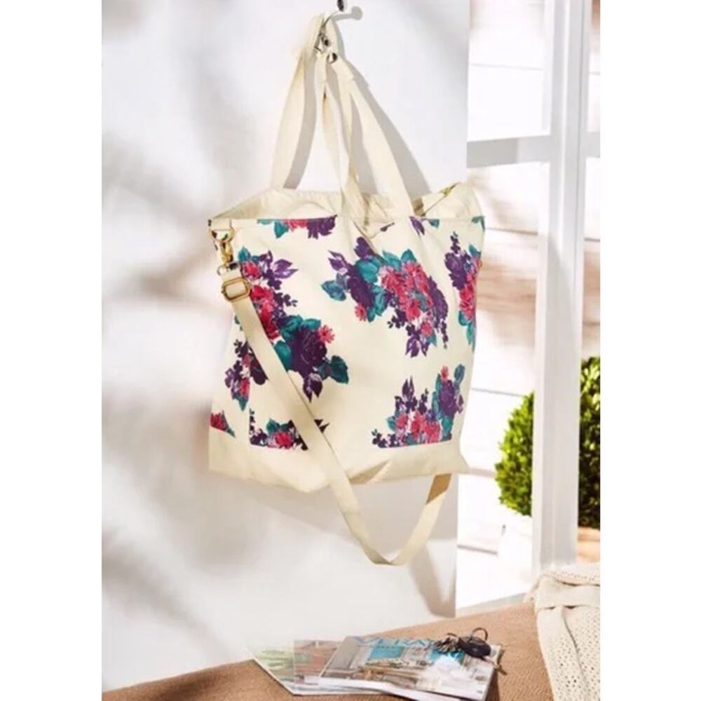 Soft Surroundings Dual Strap Canvas‎ Bag Shoulder Strap Purple Floral Print NWOT